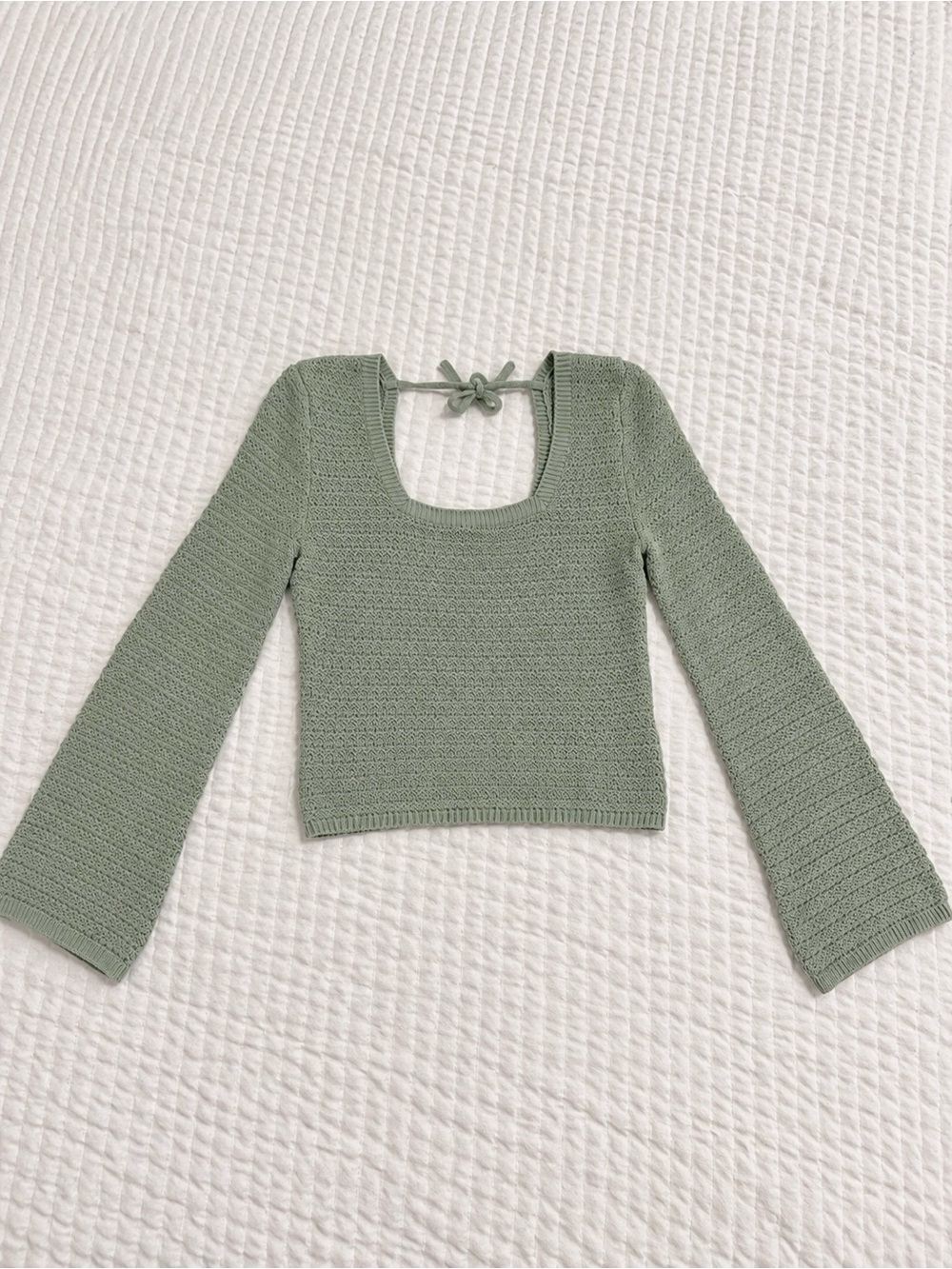 Hollister Sage Green Crochet Square-Neck Sweater